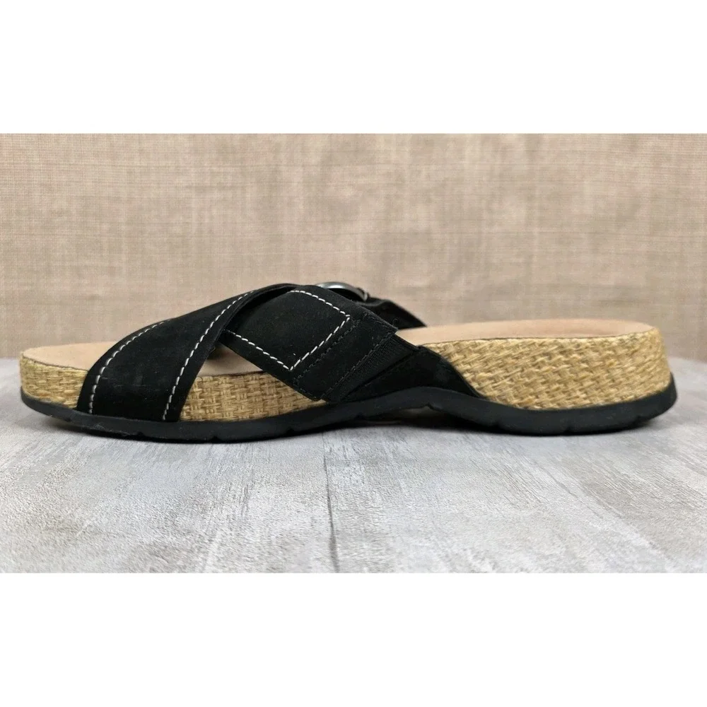 Clarks Reileigh May Black Nubuck Leather‎ Adjustable Slides Sandals Women's 9M